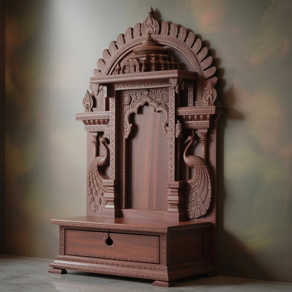 Handcrafted Floor Mandir with Dual Peacock Pillars – Teak Finish