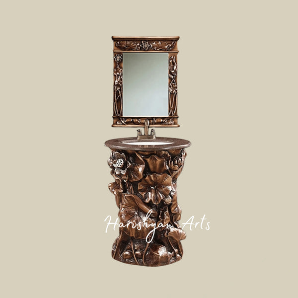 Handcrafted Lotus Flower Wooden Bathroom Vanity with Sink and Mirror