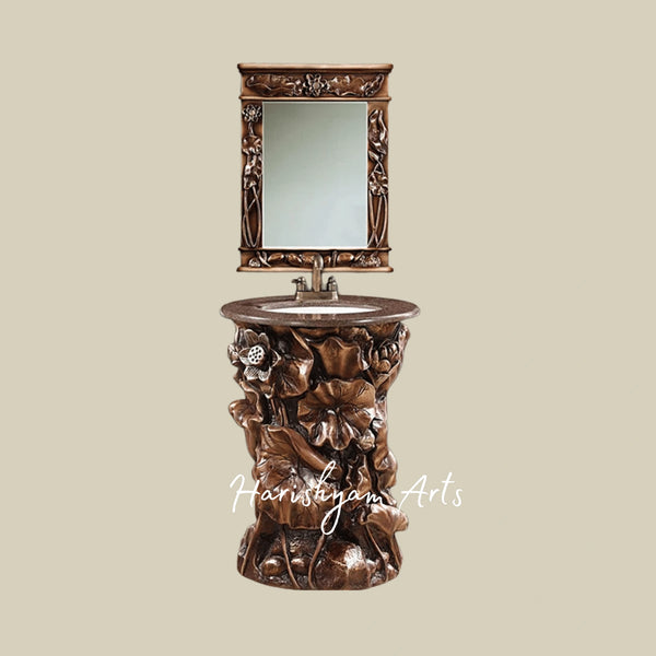 Handcrafted Lotus Flower Wooden Bathroom Vanity with Sink and Mirror