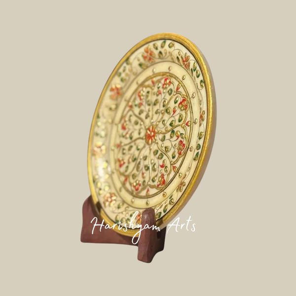 Handcrafted Marble Decorative Plate with Antique Gold Embossed Design & Wooden Stand