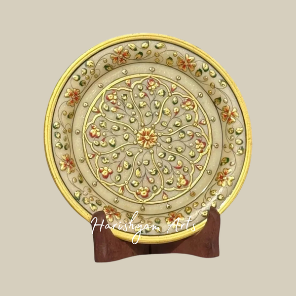 Handcrafted Marble Decorative Plate with Antique Gold Embossed Design & Wooden Stand