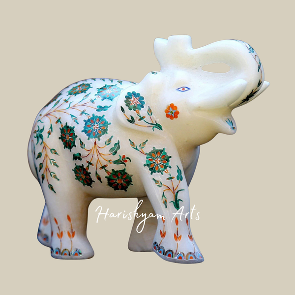 Handcrafted Marble Elephant Figurine with Floral Inlay Design