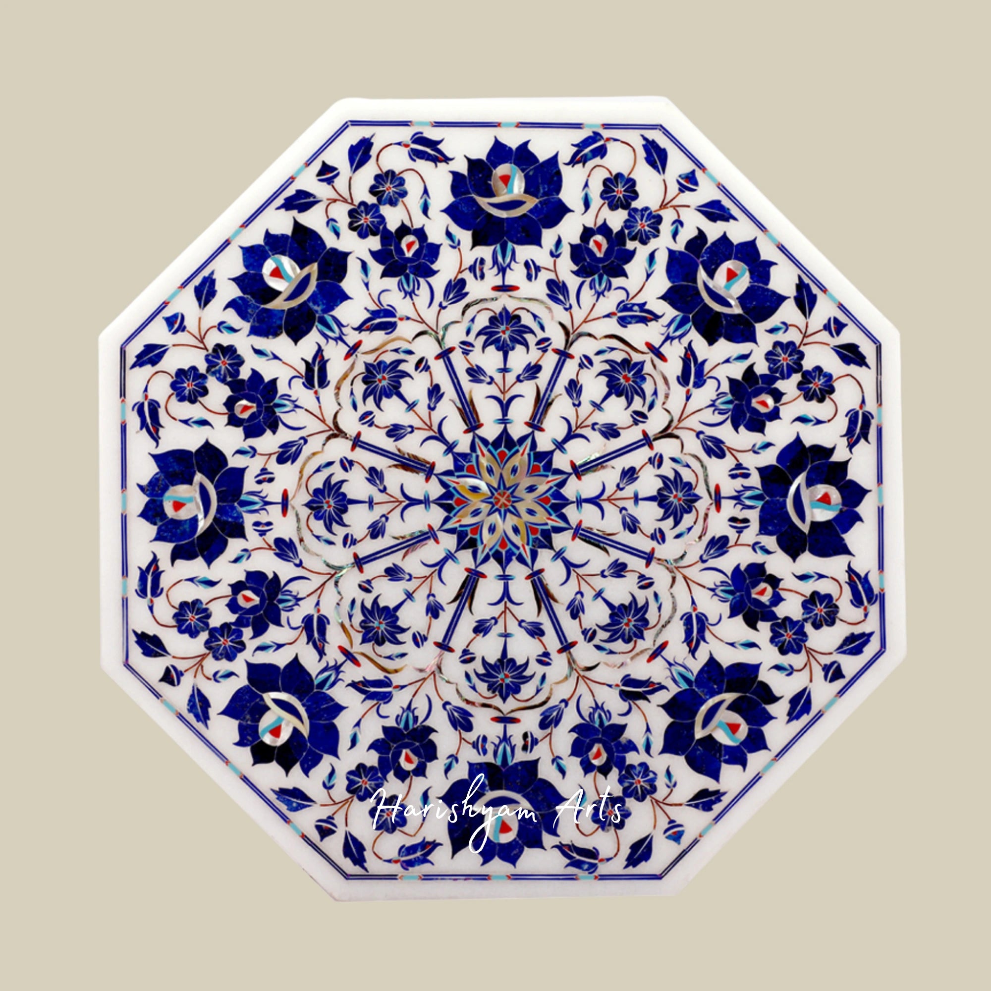 Handcrafted Octagonal White Marble Jewelry Box Inlaid with Lapis Lazuli Gemstone