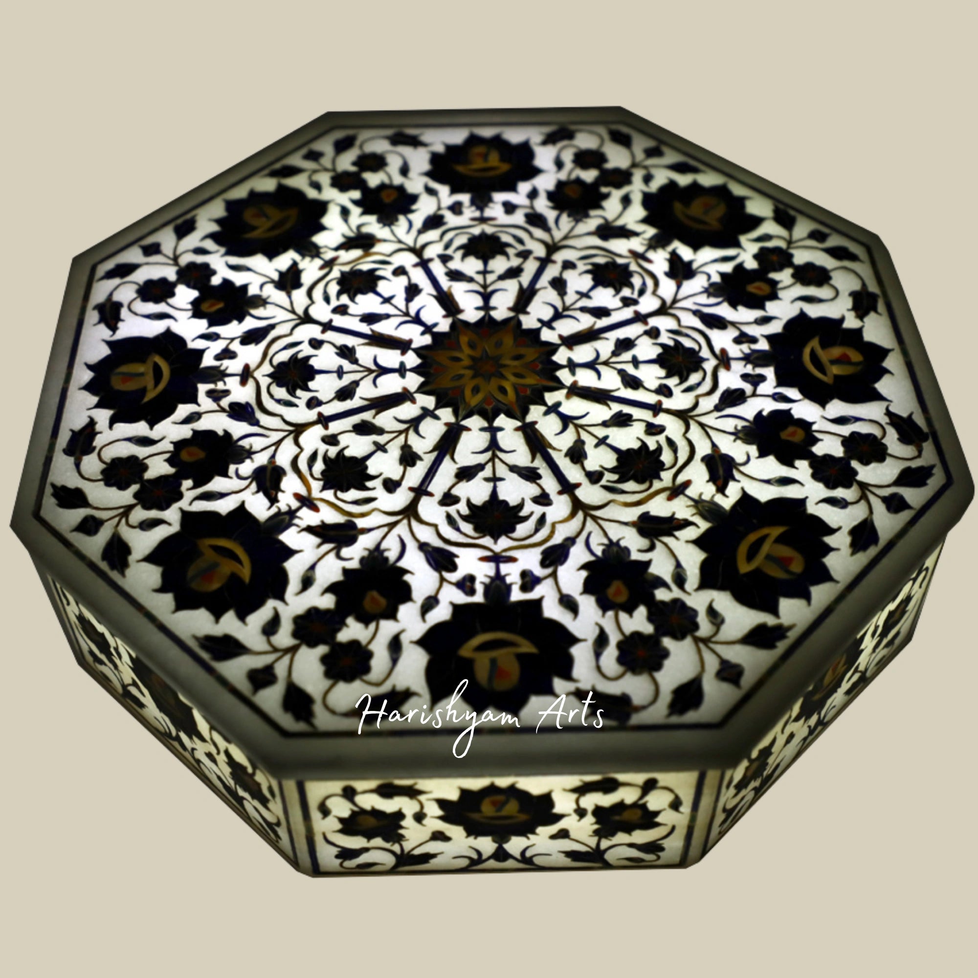 Handcrafted Octagonal White Marble Jewelry Box Inlaid with Lapis Lazuli Gemstone1