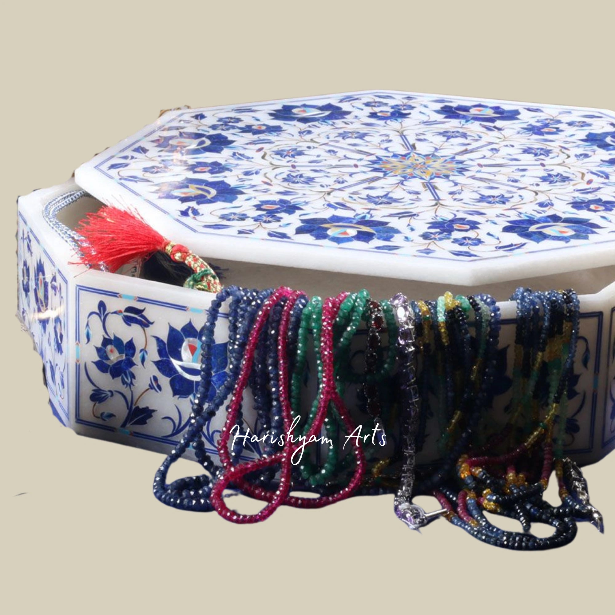 Handcrafted Octagonal White Marble Jewelry Box Inlaid with Lapis Lazuli Gemstone2