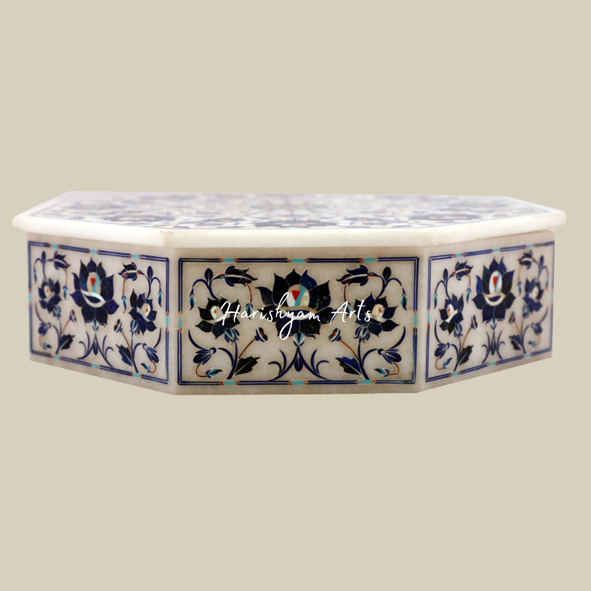 Handcrafted Octagonal White Marble Jewelry Box Inlaid with Lapis Lazuli Gemstone3