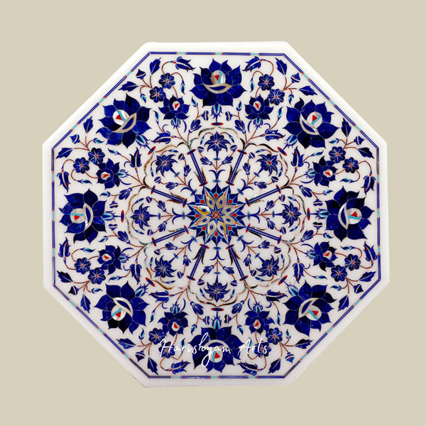 Handcrafted Octagonal White Marble Jewelry Box Inlaid with Lapis Lazuli Gemstone