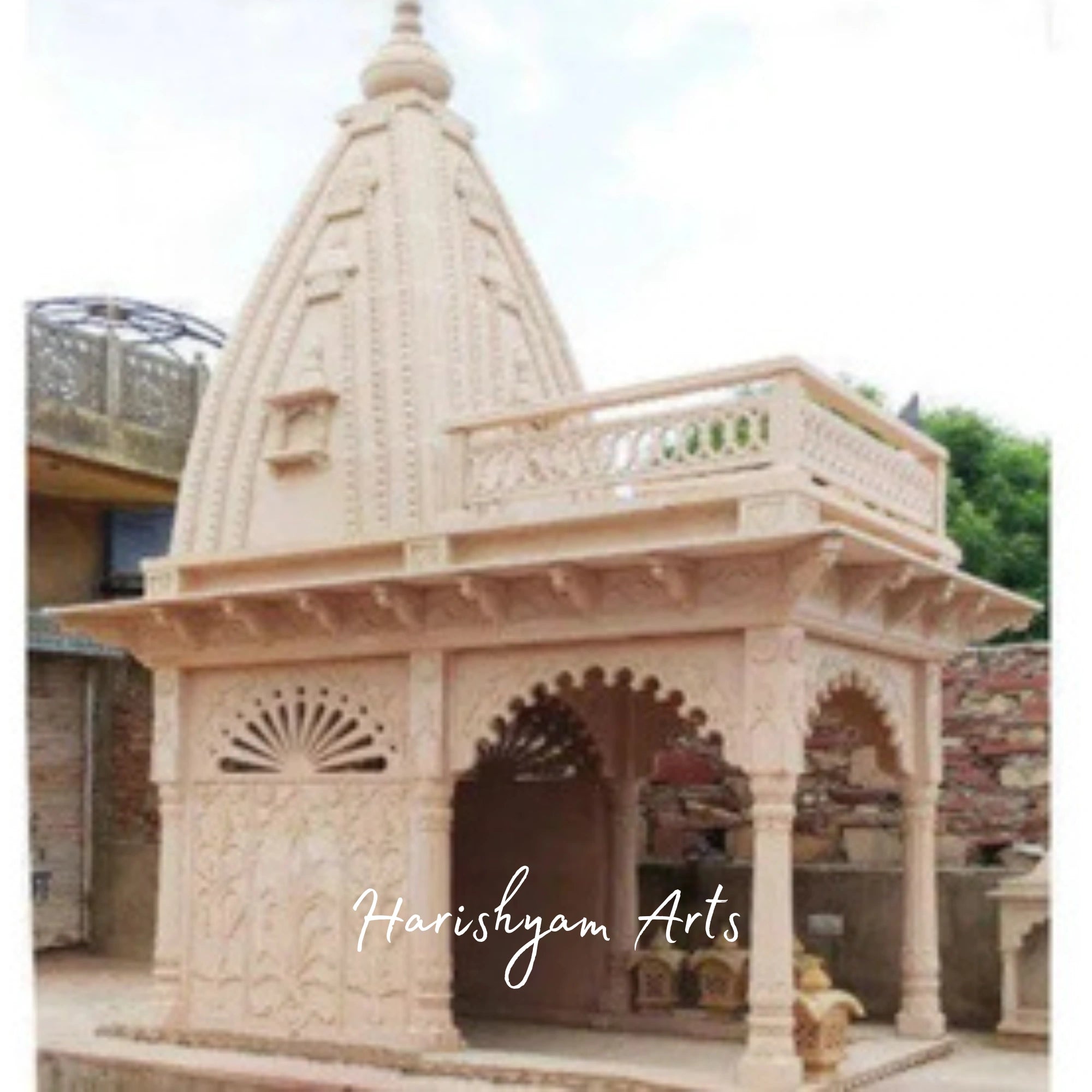 Handcrafted Pink Sandstone Temple for Home & Garden | Traditional Rajasthani Outdoor Mandir Design