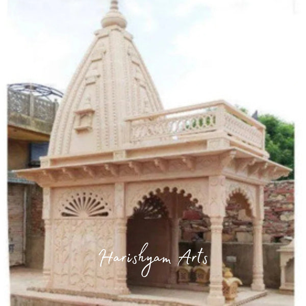 Handcrafted Pink Sandstone Temple for Home & Garden | Traditional Rajasthani Outdoor Mandir Design