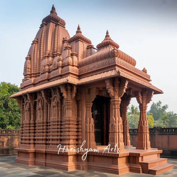 Handcrafted Pink Sandstone Temple for Home | Traditional Rajasthani Stone Mandir with Intricate Carvings and Shikhara Design