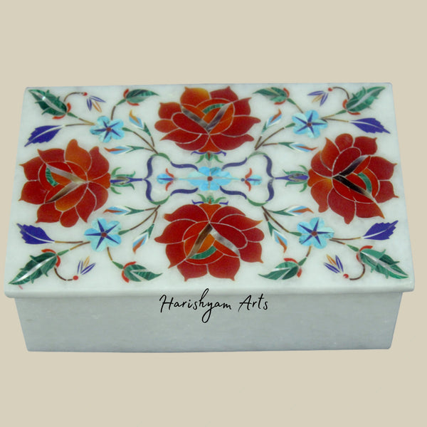 Handcrafted Rectangular Marble Box with Carnelian Floral Inlay