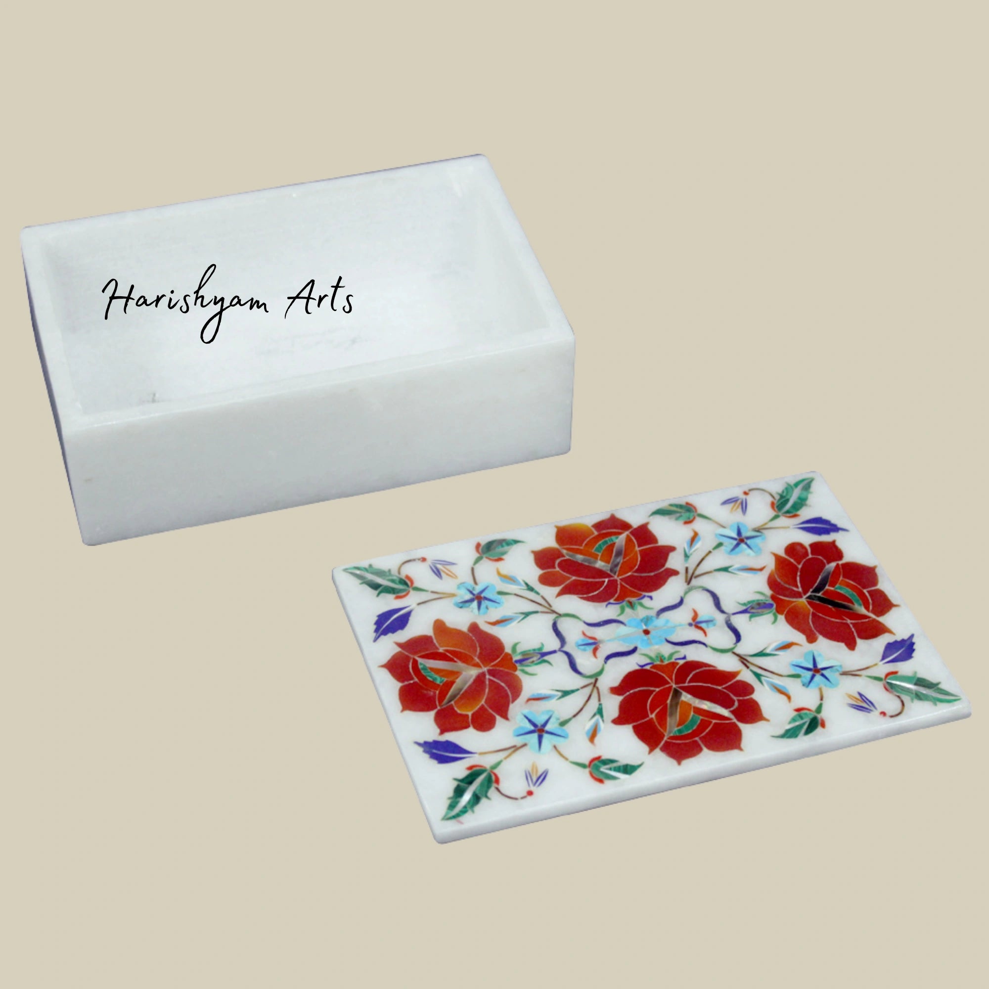 Handcrafted Rectangular Marble Box with Carnelian Floral Inlay