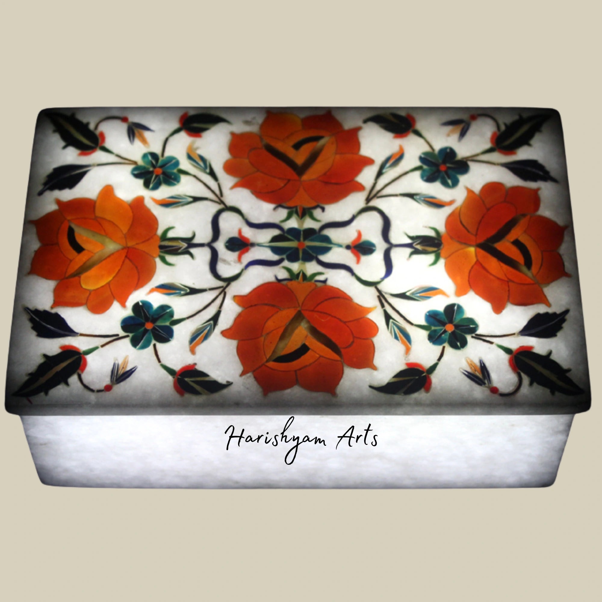 Handcrafted Rectangular Marble Box with Carnelian Floral Inlay4