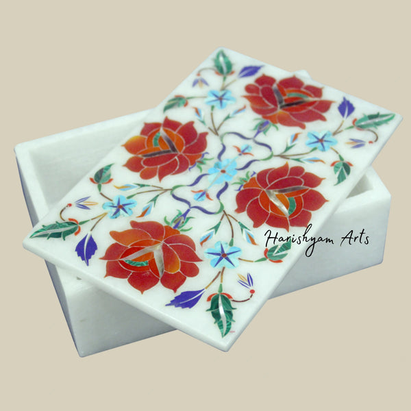 Handcrafted Rectangular Marble Box with Carnelian Floral Inlay