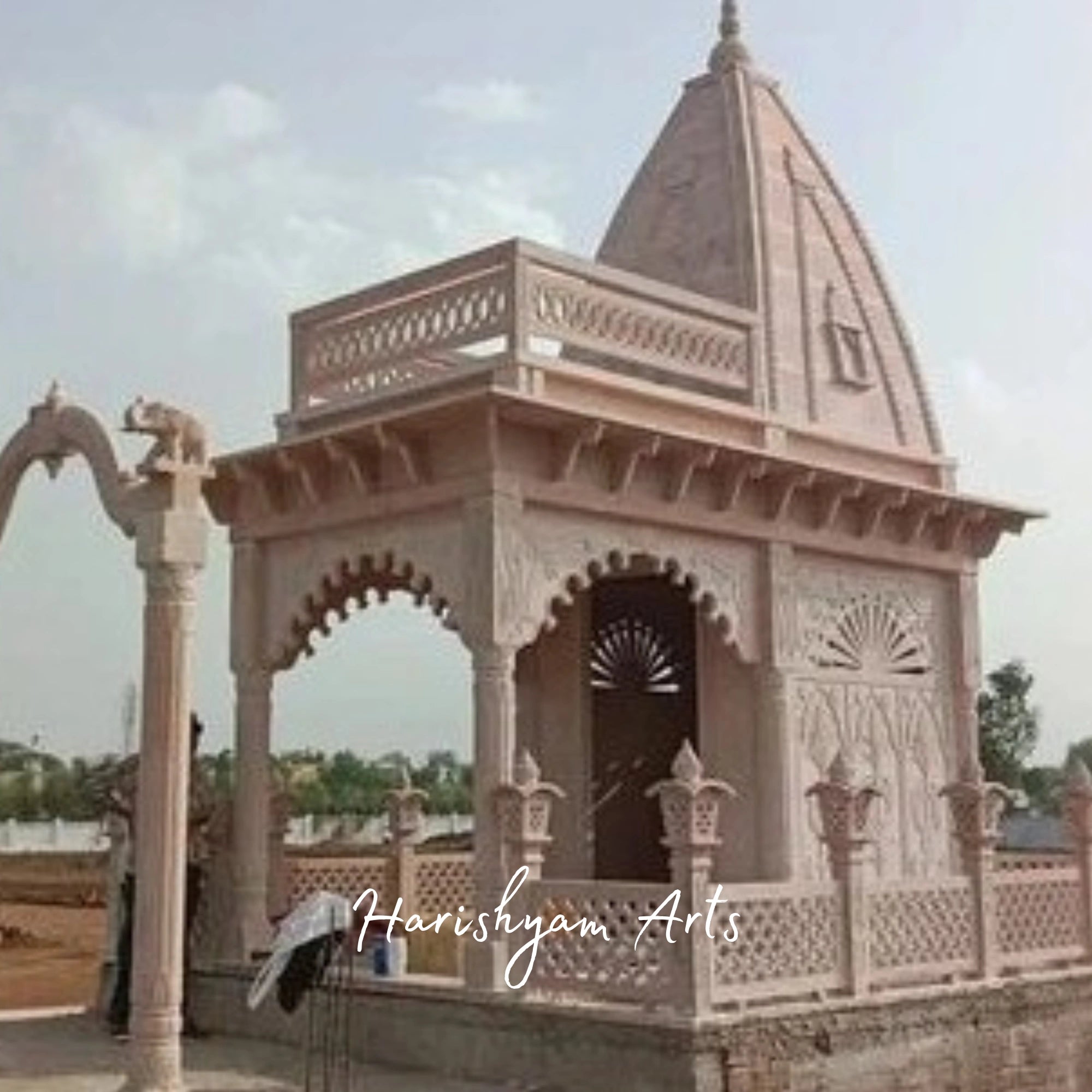 Handcrafted Sandstone Mandir with Shikhara Dome & Balcony Design | Traditional Carved Stone Temple Pavilion for Outdoor & Garden Spaces