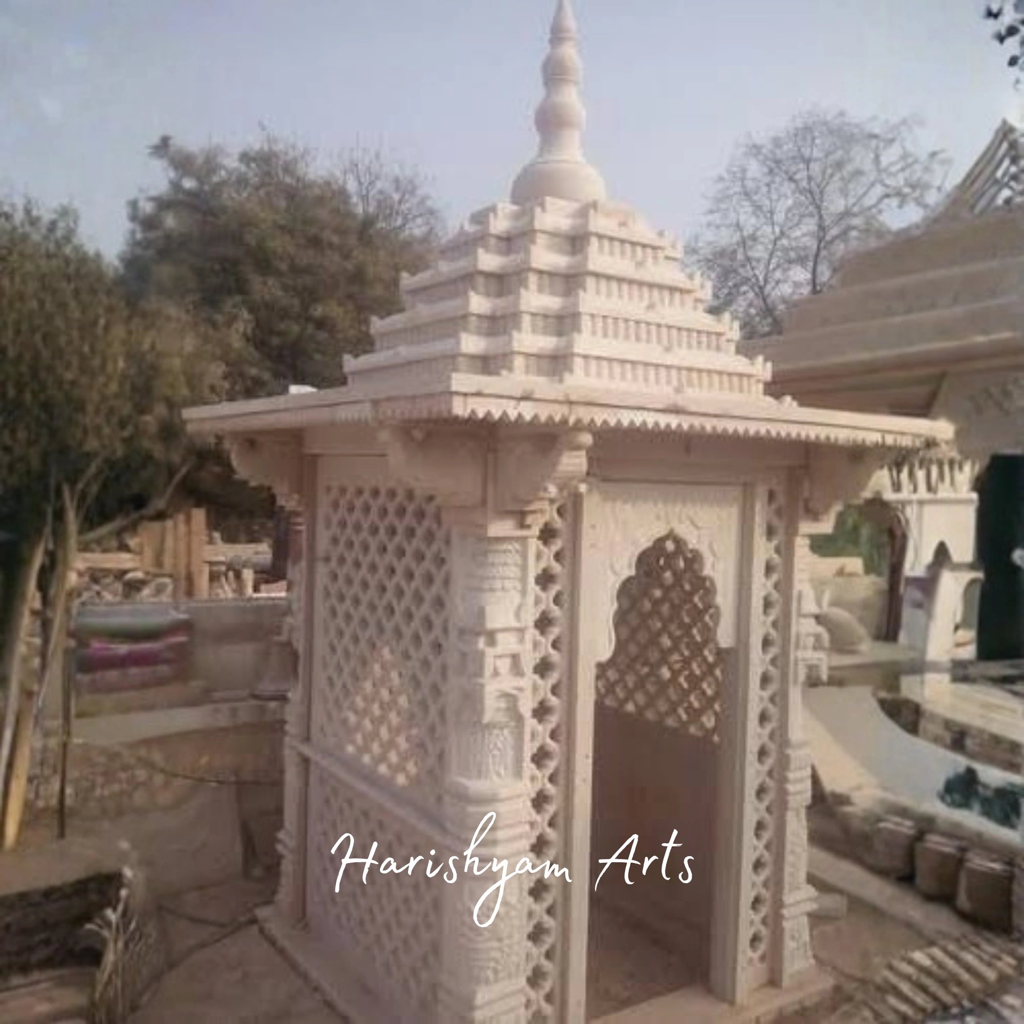 Handcrafted Sandstone Temple for Outdoor and Garden | Traditional Carved Hindu Mandir with Jaali Work & Shikhara Design