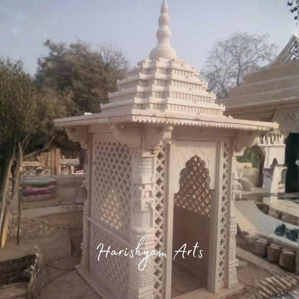 Handcrafted Sandstone Temple for Outdoor and Garden | Traditional Carved Hindu Mandir with Jaali Work & Shikhara Design