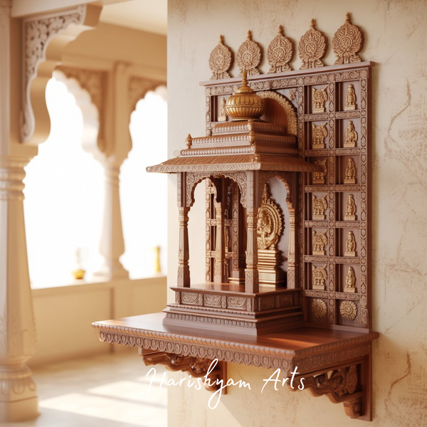 Handcrafted Teak Pooja Temple with modern compact design