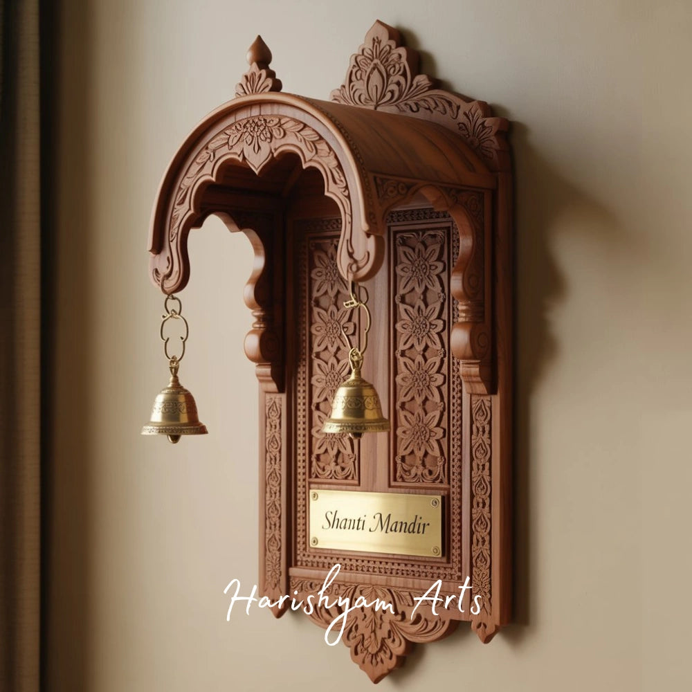 Handcrafted Teak Wood Wall Pooja Mandir – Floral Design