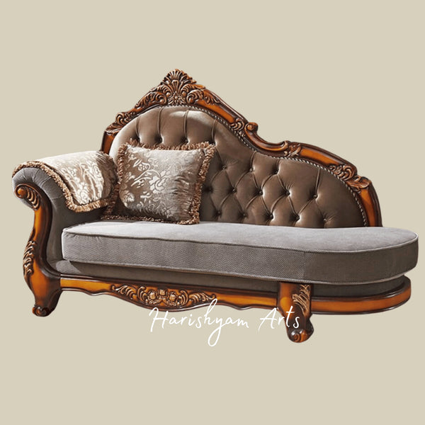 Handcrafted Victorian Style Chaise Sofa with Carved Wooden Frame and Plush Cushioned Seating
