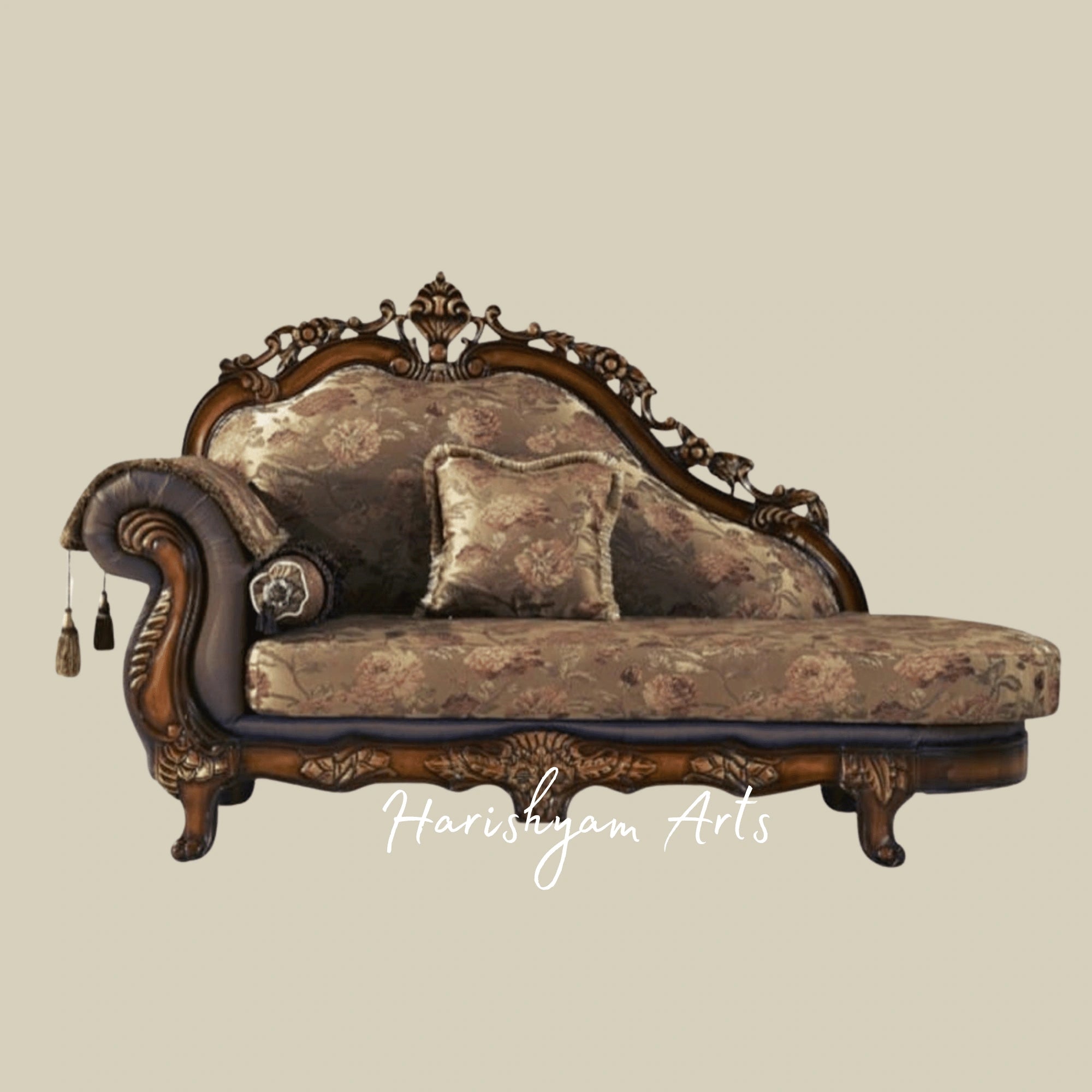 Handcrafted Victorian Style Chaise Sofa with Carved Wooden Frame and Plush Cushioned Seating2
