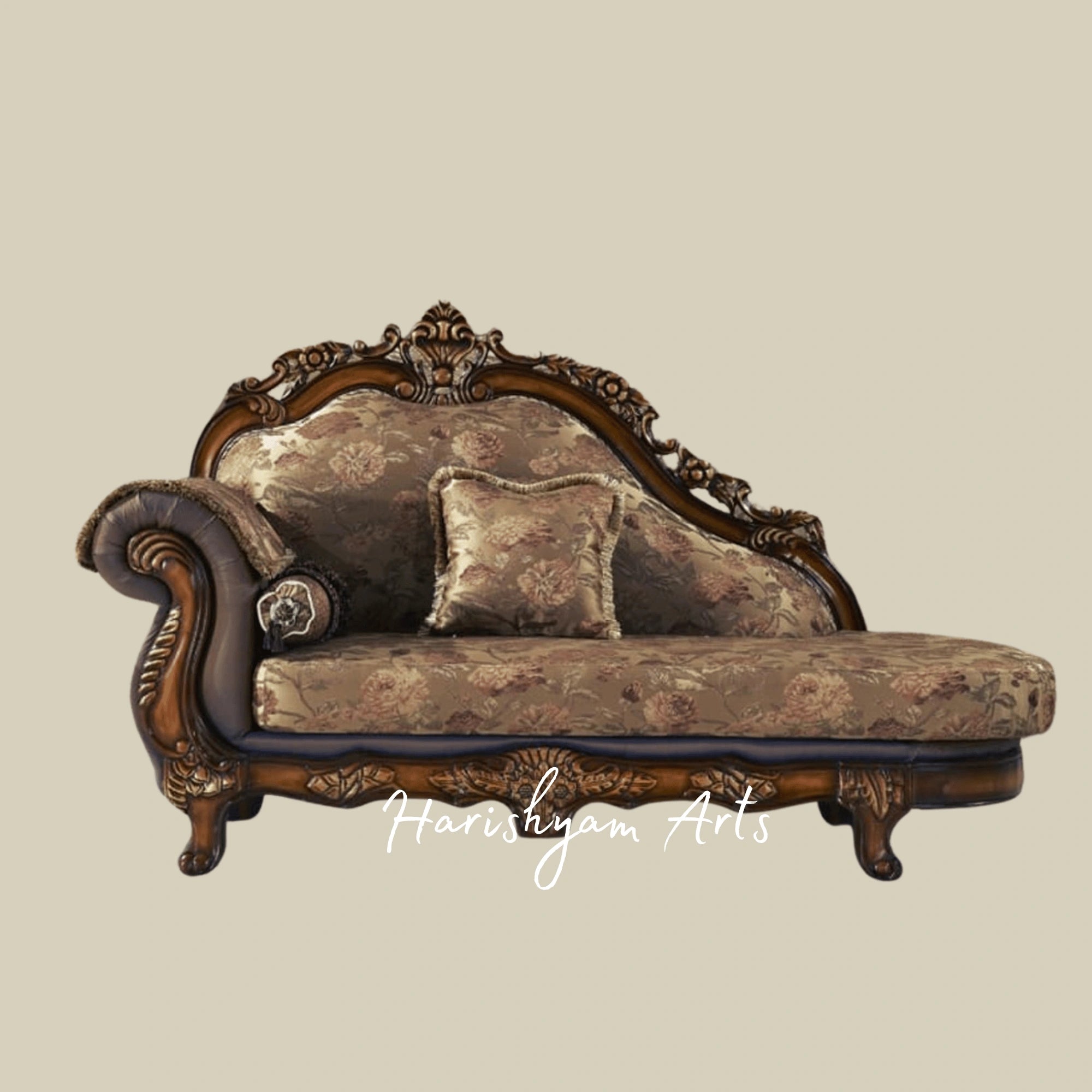 Handcrafted Victorian Style Chaise Sofa with Carved Wooden Frame and Plush Cushioned Seating3