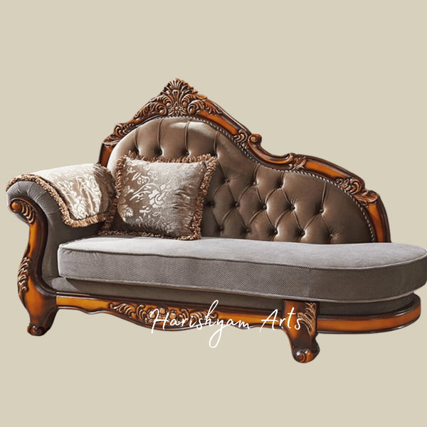 Handcrafted Victorian Style Chaise Sofa with Carved Wooden Frame and Plush Cushioned Seating