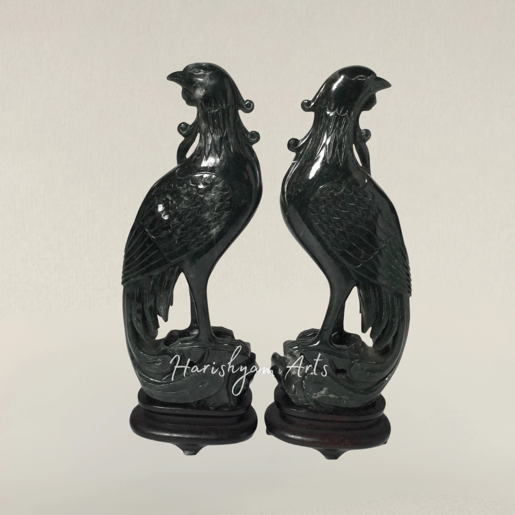 Handcrafted Wooden Phoenix Bird Sculpture with a Display Stand