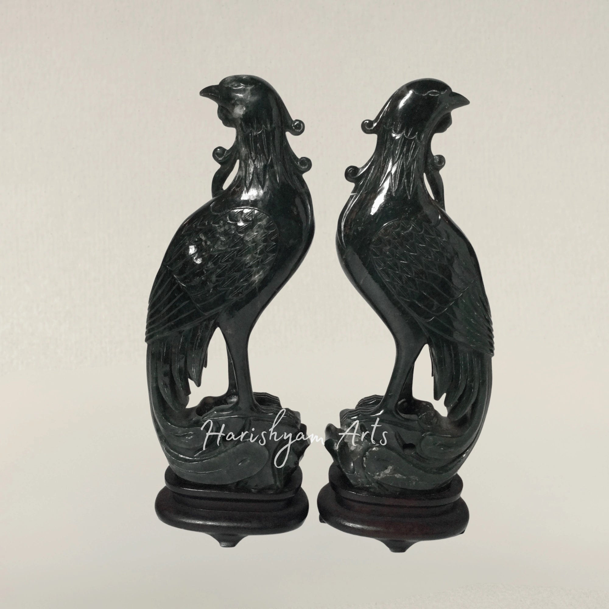 Handcrafted Wooden Phoenix Bird Sculpture with a Display Stand