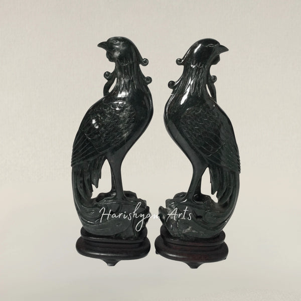 Handcrafted Wooden Phoenix Bird Sculpture with a Display Stand