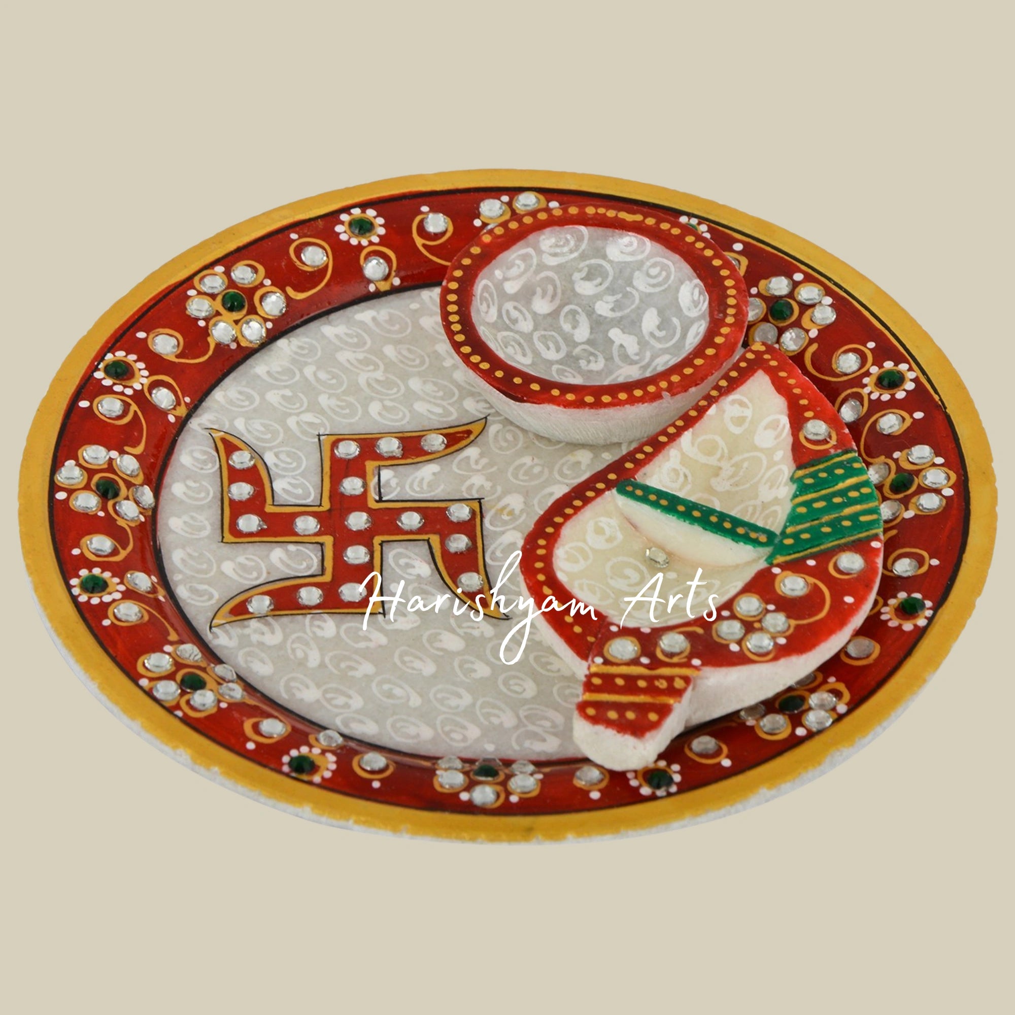 Marble Puja Plate Set with Krishna Design for Home and Temple Use