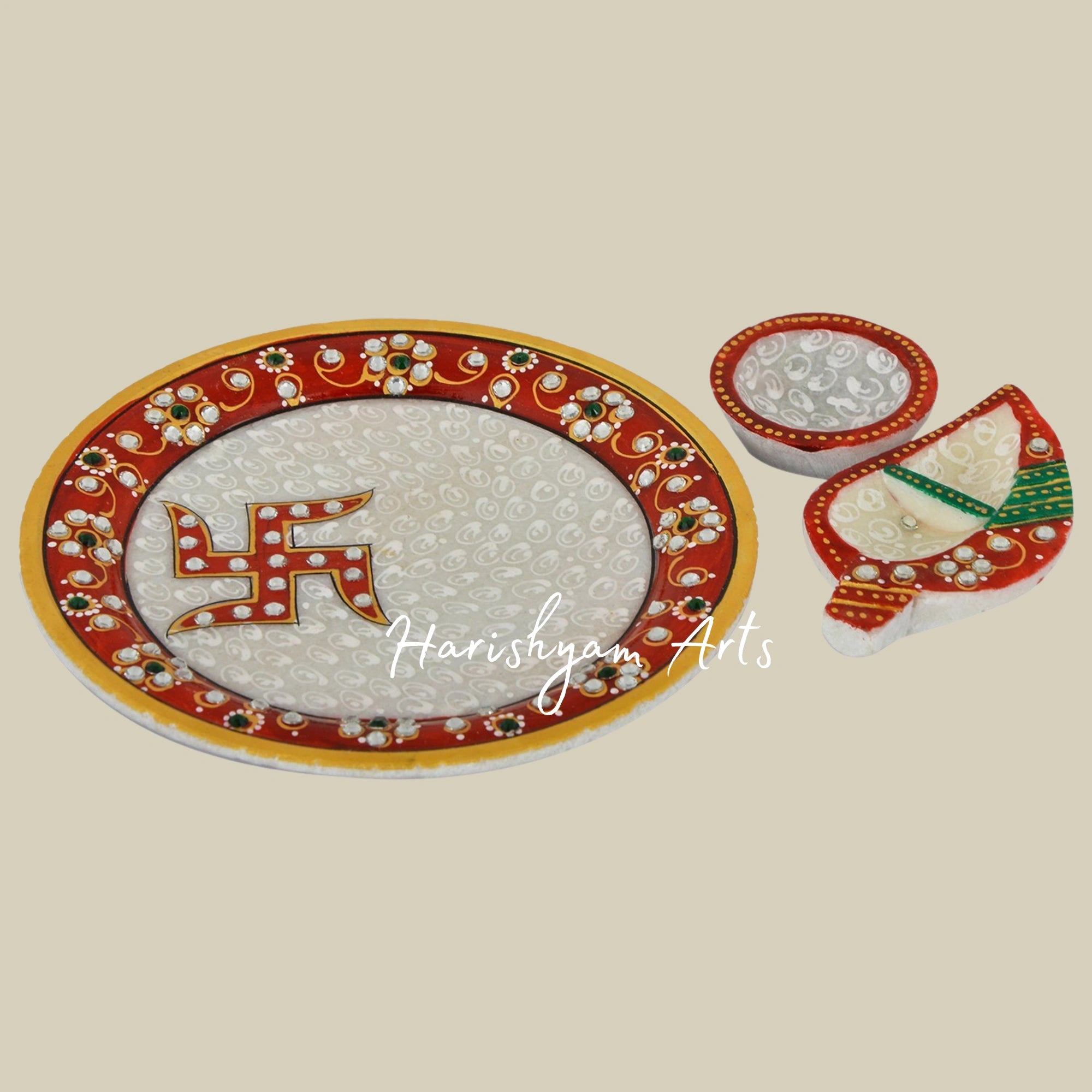 Marble Puja Plate Set with Krishna Design for Home and Temple Use2