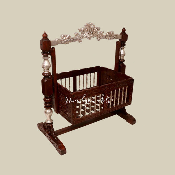 Handmade Teak Wood Crib with Intricate Vintage Carvings