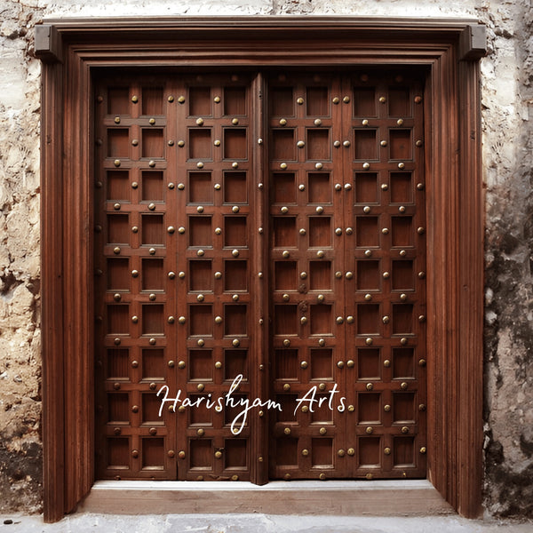Heritage Fortress Studded Door – Solid Teak Traditional Main Entrance with Antique Brass Accents, Vintage Haveli Wooden Door