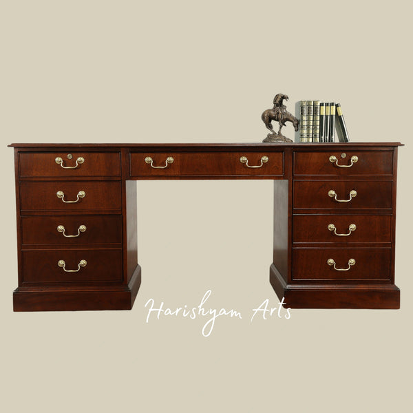 Heritage Style Wooden Executive Desk with Handcrafted Finish and Functional Storage Drawers