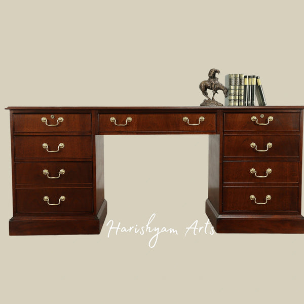 Heritage Style Wooden Executive Desk with Handcrafted Finish and Functional Storage Drawers