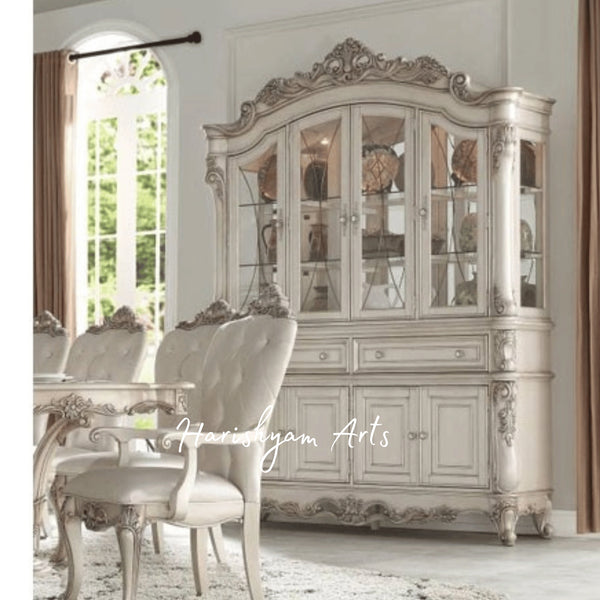 Imperial Classic Crockery Showcase Almirah in Antique White Finish with Decorative Woodwork and Glass Display Windows