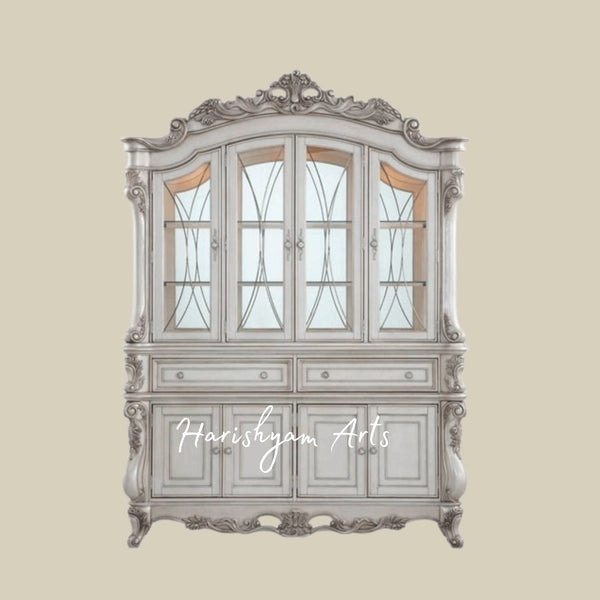 Imperial Classic Crockery Showcase Almirah in Antique White Finish with Decorative Woodwork and Glass Display Windows