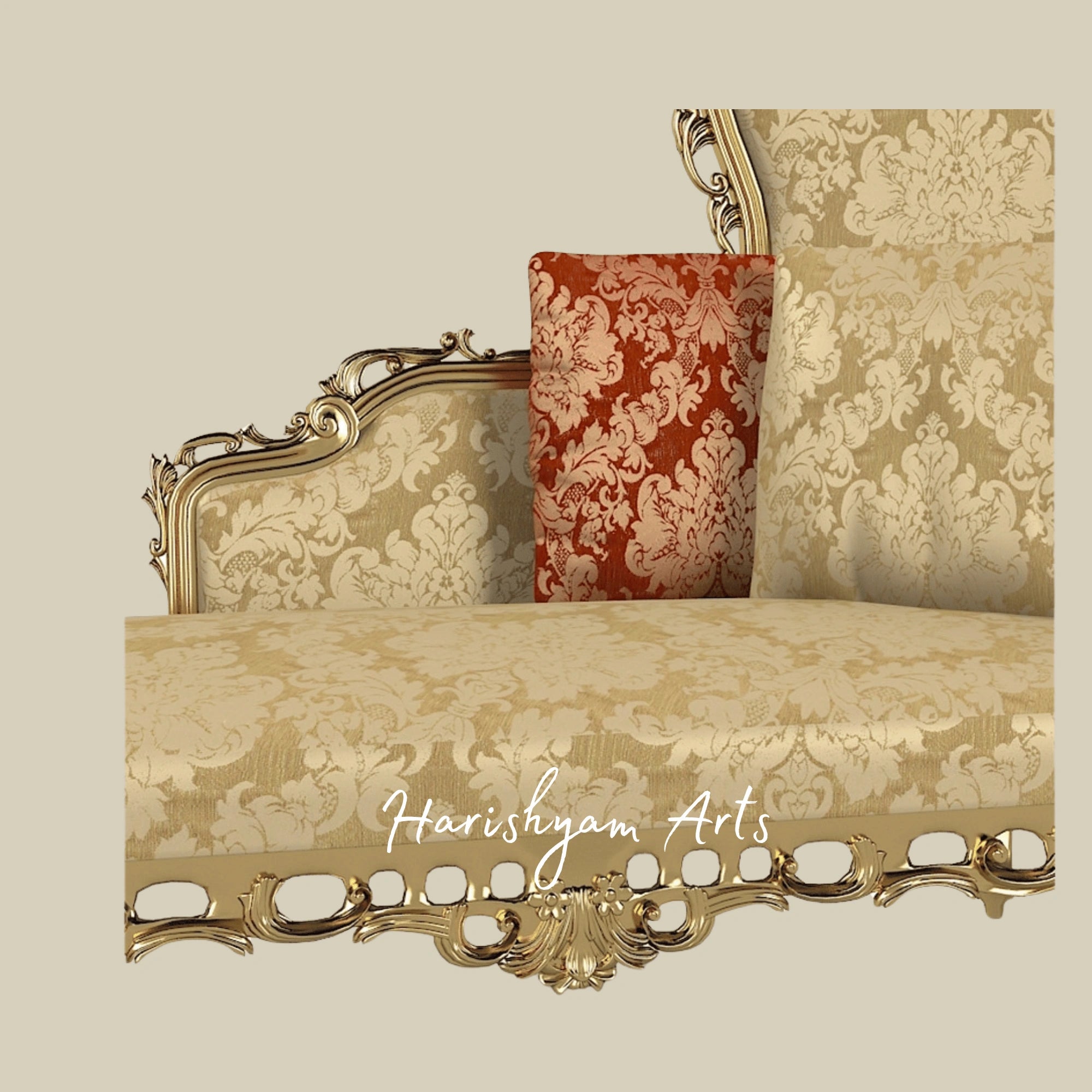 Imperial Gold Leaf Designer Diwan Sofa with Elegant Brocade Fabric and Aristocratic Craftsmanship5