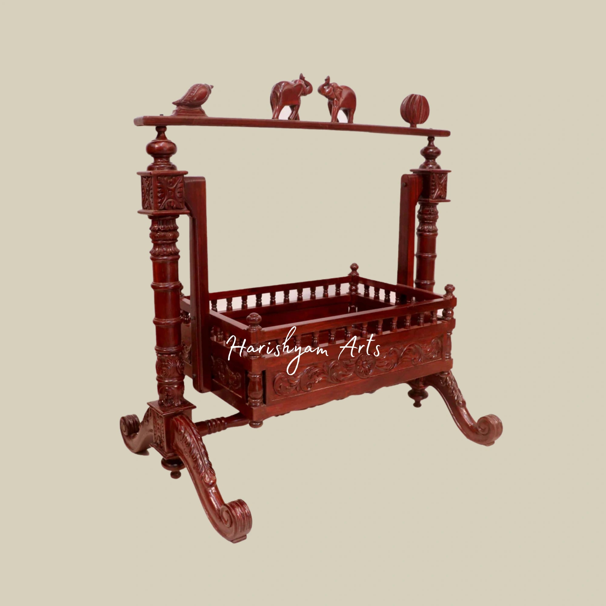 Indian Heritage Teak Wood Handmade Baby Cradle with Elephant Carvings