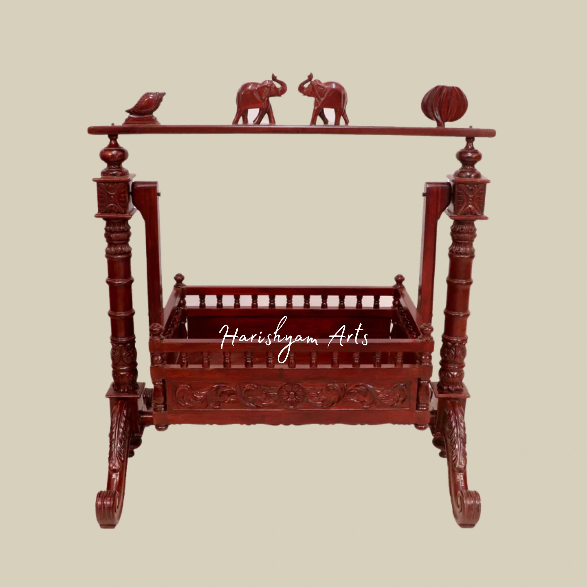 Indian Heritage Teak Wood Handmade Baby Cradle with Elephant Carvings