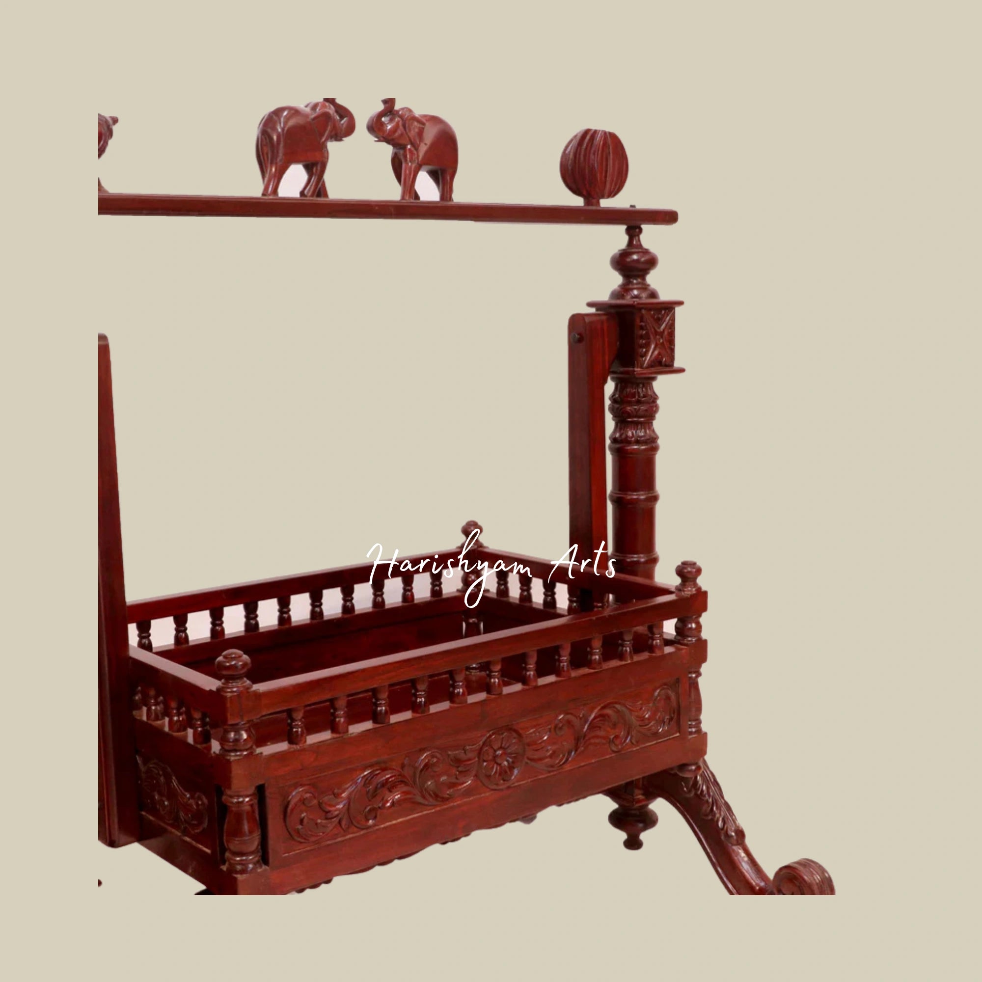 Indian Heritage Teak Wood Handmade Baby Cradle with Elephant Carvings