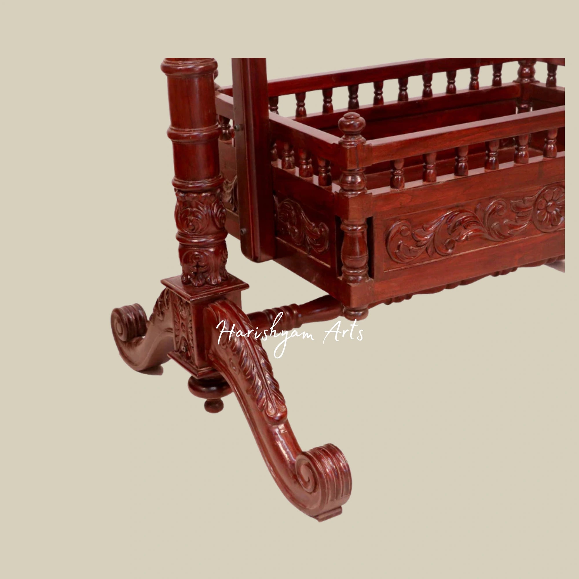 Indian Heritage Teak Wood Handmade Baby Cradle with Elephant Carvings