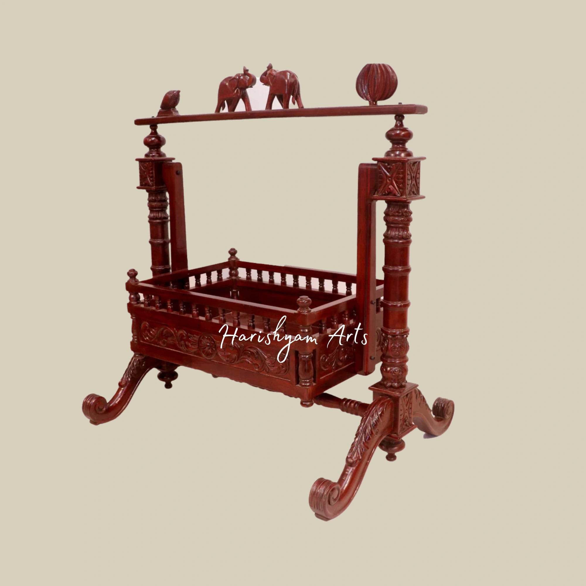 Indian Heritage Teak Wood Handmade Baby Cradle with Elephant Carvings