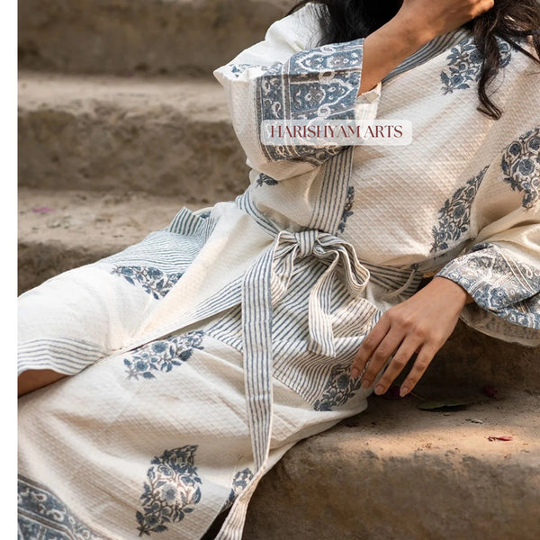 Indigo Charm Traditional Handblock Cotton Bathrobe