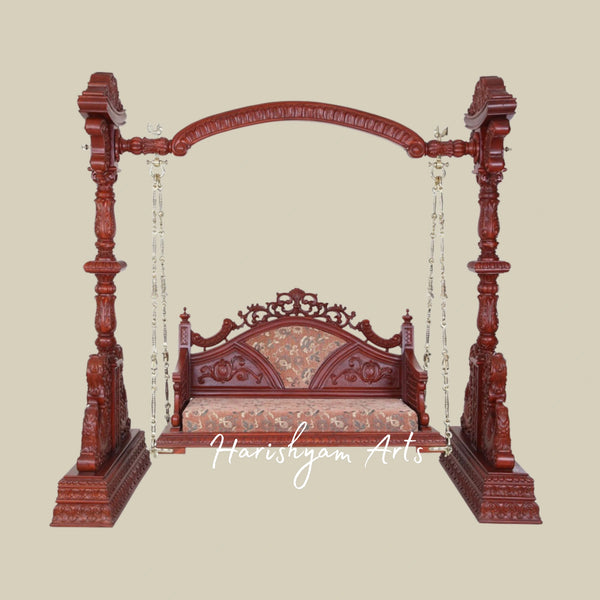 Intricately Carved Wooden Swing Seat with Designer Backrest