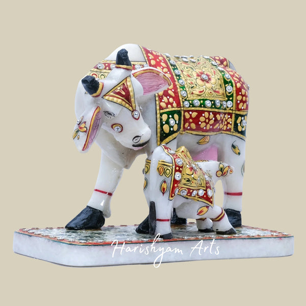 Kamdhenu Cow with Calf Idol Premium Marble Handcrafted Statue