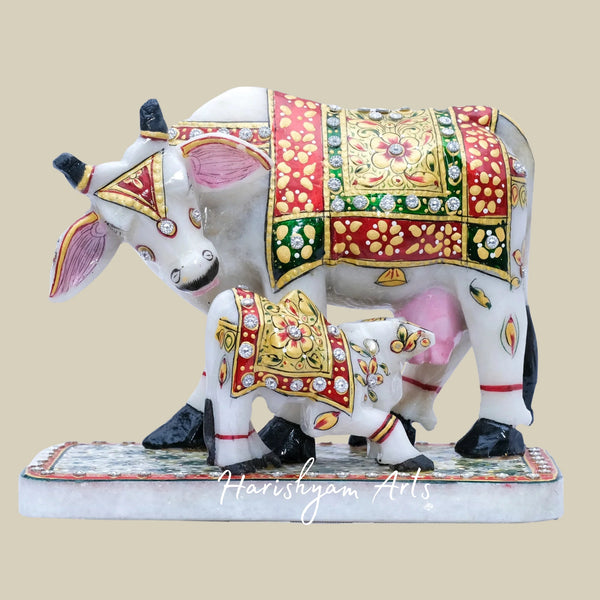 Kamdhenu Cow with Calf Idol Premium Marble Handcrafted Statue