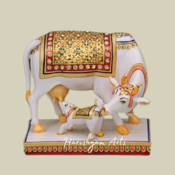 Marble Cow and Calf Sculpture Traditional Minakari Painted Kamdhenu Statue for Puja Room