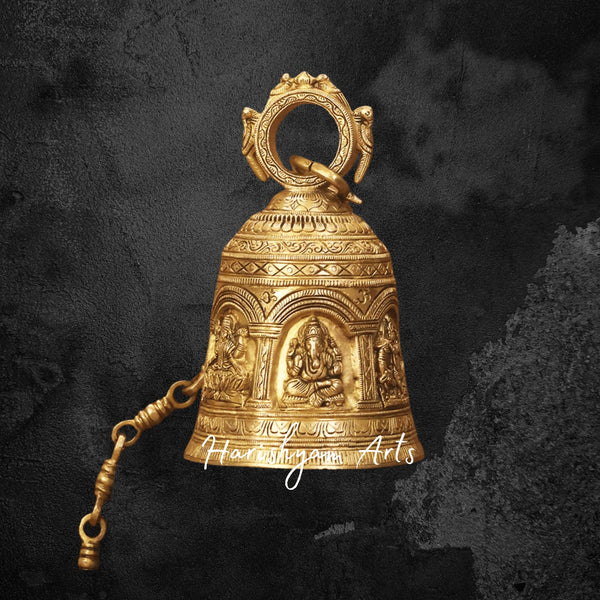 Large Brass Temple Bell with Engraved Hindu Deity Figures